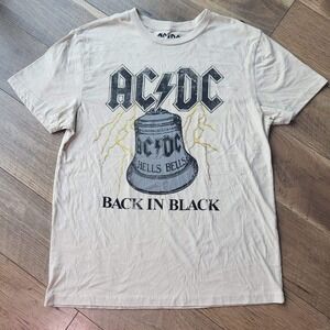 AC/DC Hells Bells Back in Black Graphic T-Shirt Cream Mens Medium Short Sleeve